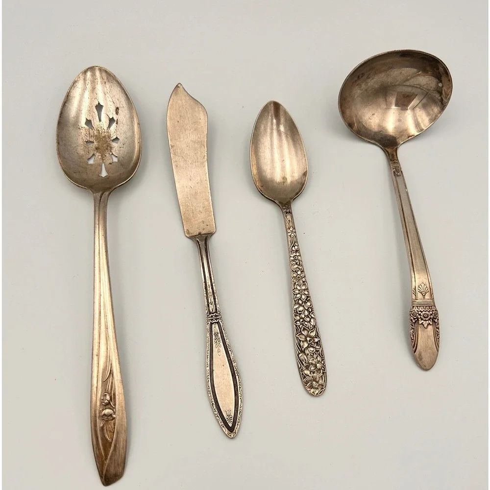 Vintage Silver Plated Mismatched Serving Set Slotted Spoon Ladle Butter Knife 4p